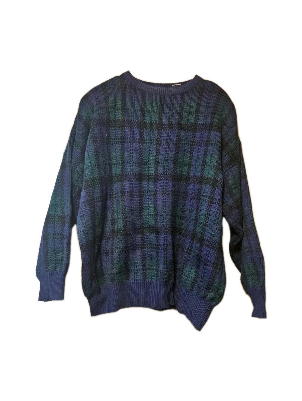 Forelli Plaid Sweater Medium  Geometric Acrylic Blue Green Purple 80s 90s VTG